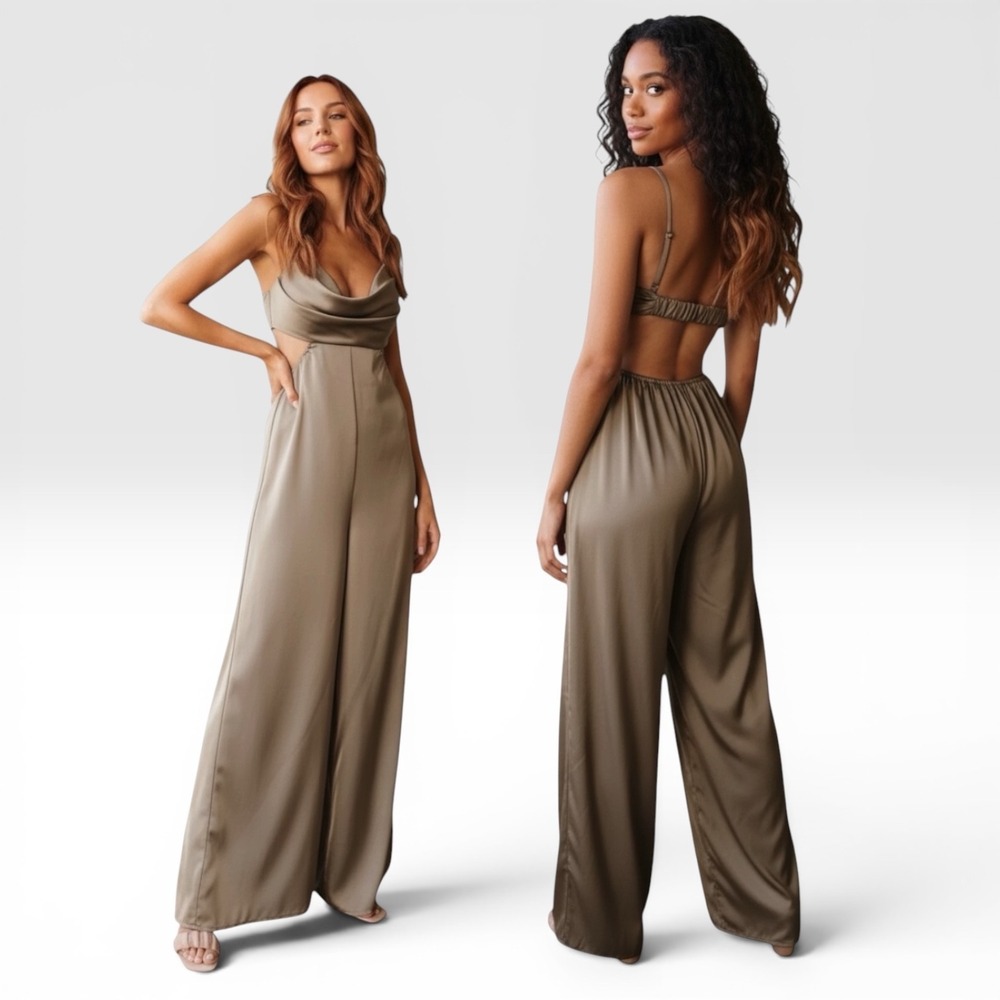 The Post Taupe Satin Cowl Neck Wide Leg Jumpsuit L‎ Open Back Formal